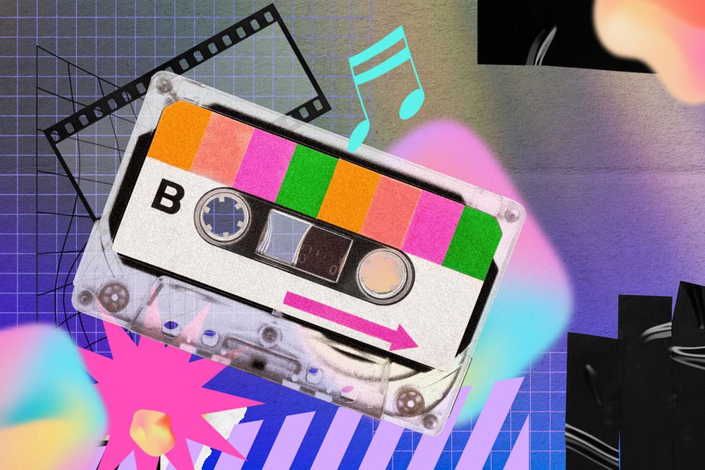 Colorful cassette tape background, music collage, editable design