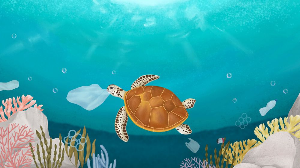 Sea turtle, pollution desktop wallpaper, customizable illustration background 