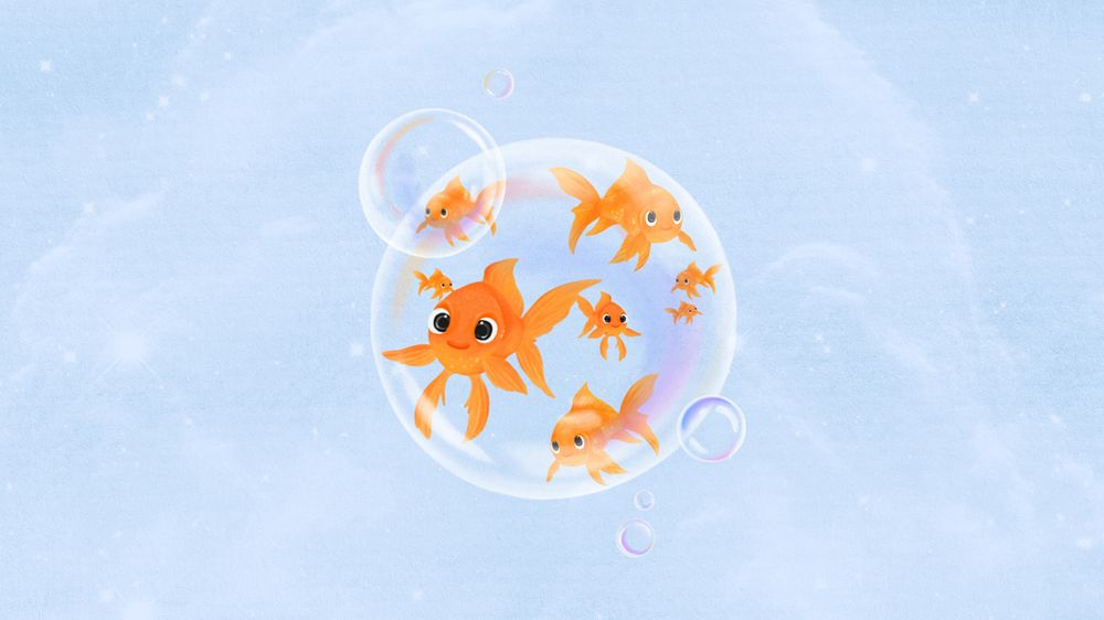 Goldfish bubble, blue desktop wallpaper, customizable illustration background 