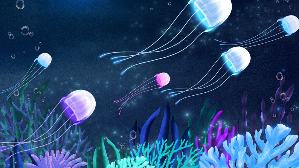 Neon jellyfish, dark desktop wallpaper, customizable illustration background 