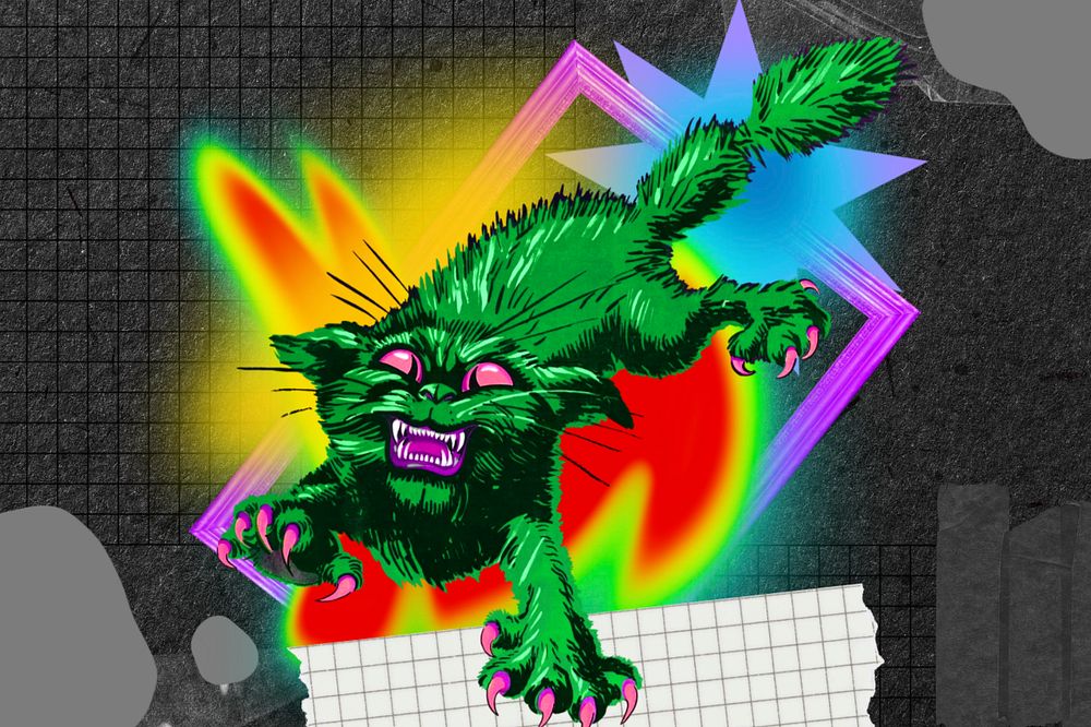 Scary screeching cat background, retro neon collage, editable design