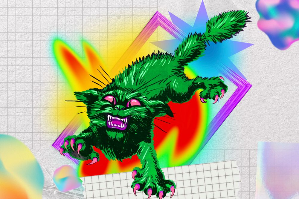 Scary screeching cat background, retro neon collage, editable design