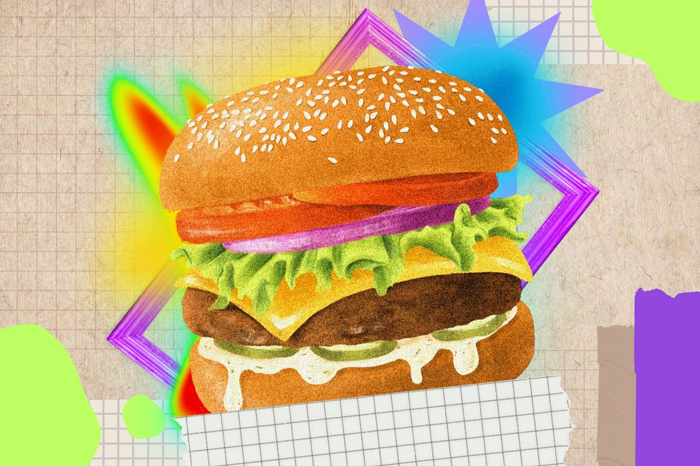 Homemade cheeseburger background, retro neon collage, editable design