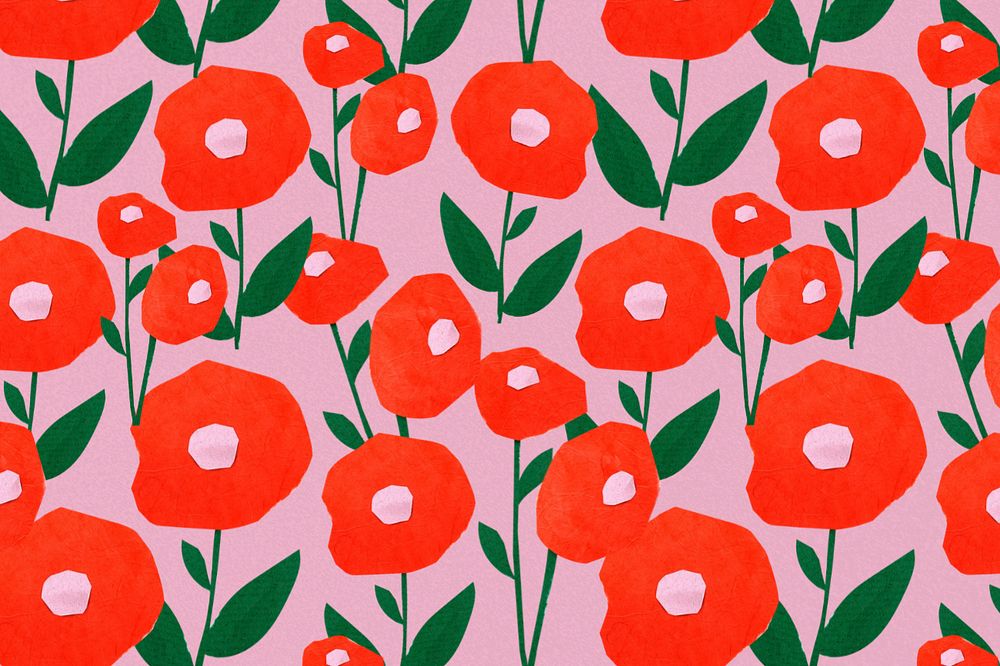 Poppy flower pattern background, editable paper craft remix