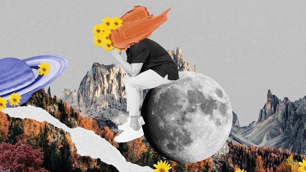 Moon collage art computer wallpaper, surreal escapism background, editable design