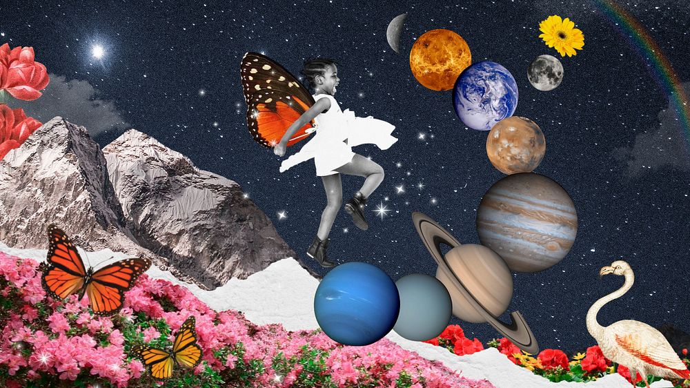 Galaxy collage art desktop wallpaper, planet in solar system background, editable design