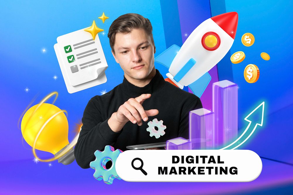 Digital marketing, editable business word 3D remix