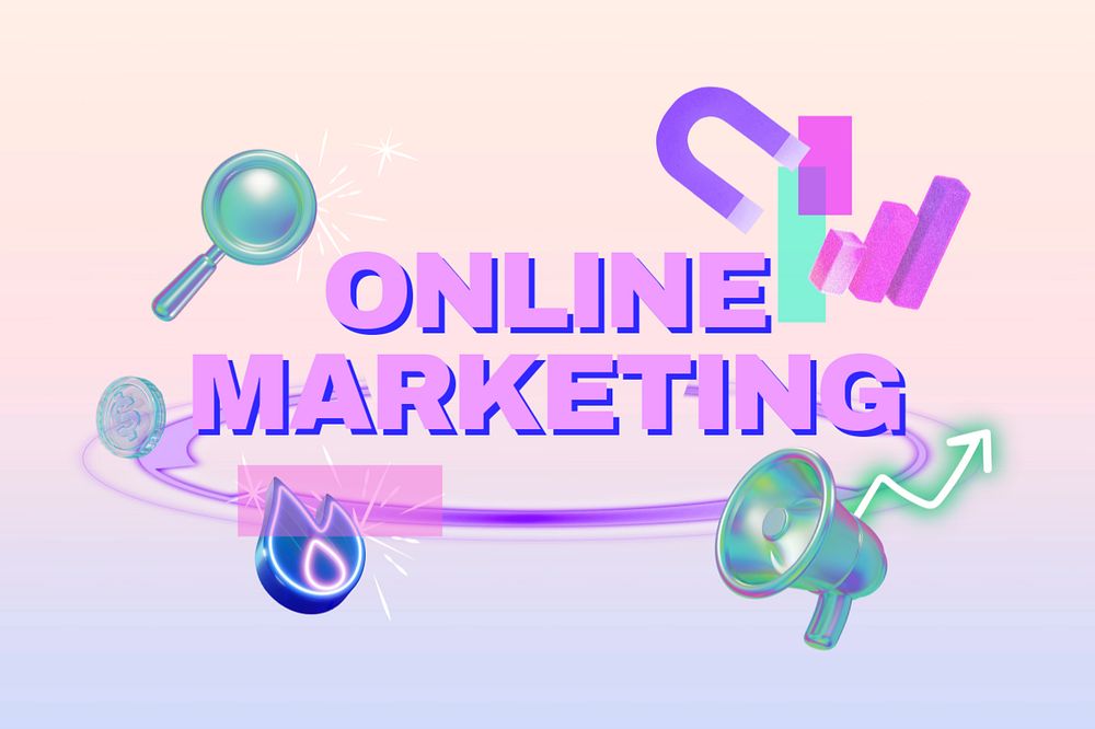 Online marketing word, digital remix in neon, editable design