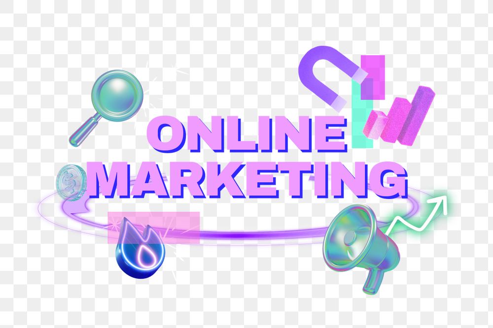 Online marketing png word, digital remix in neon, editable design