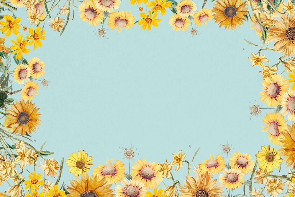 Spring sunflowers blue frame background, editable design