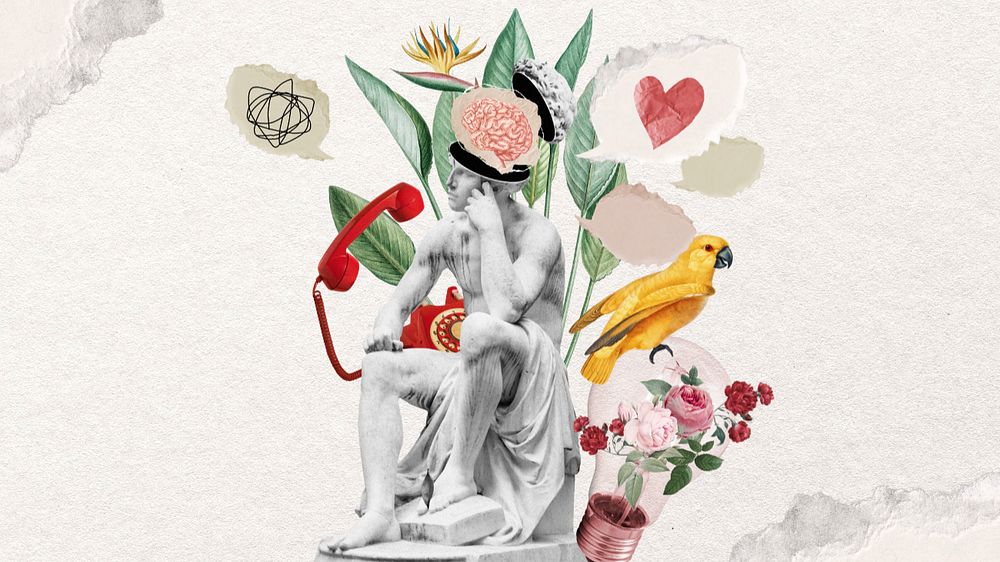 Statue collage art computer wallpaper, floral remix background, editable design