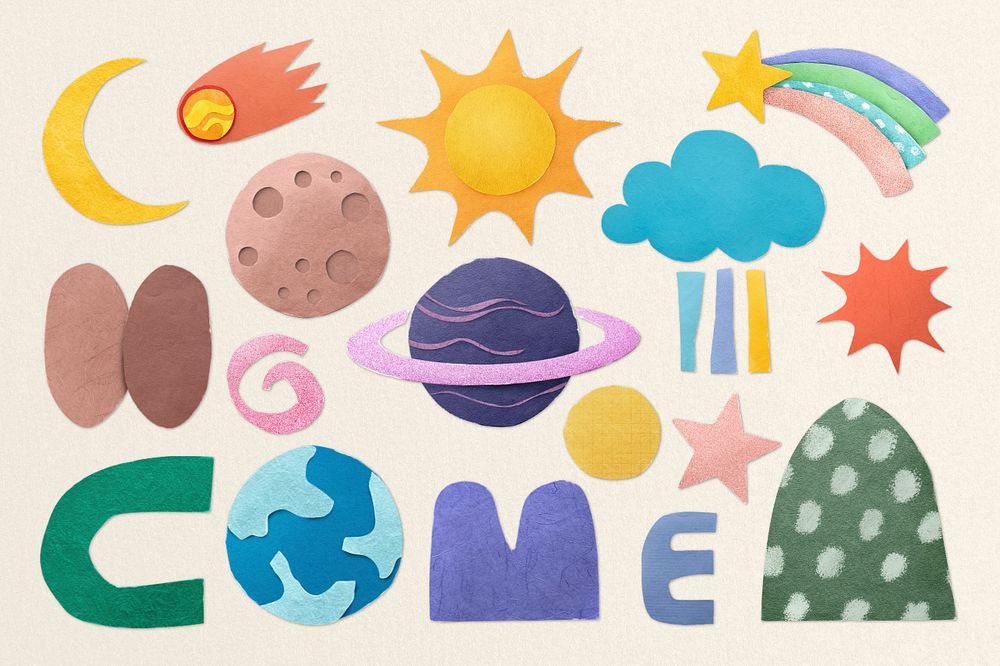 Astronomy & weather set, paper craft collage elements