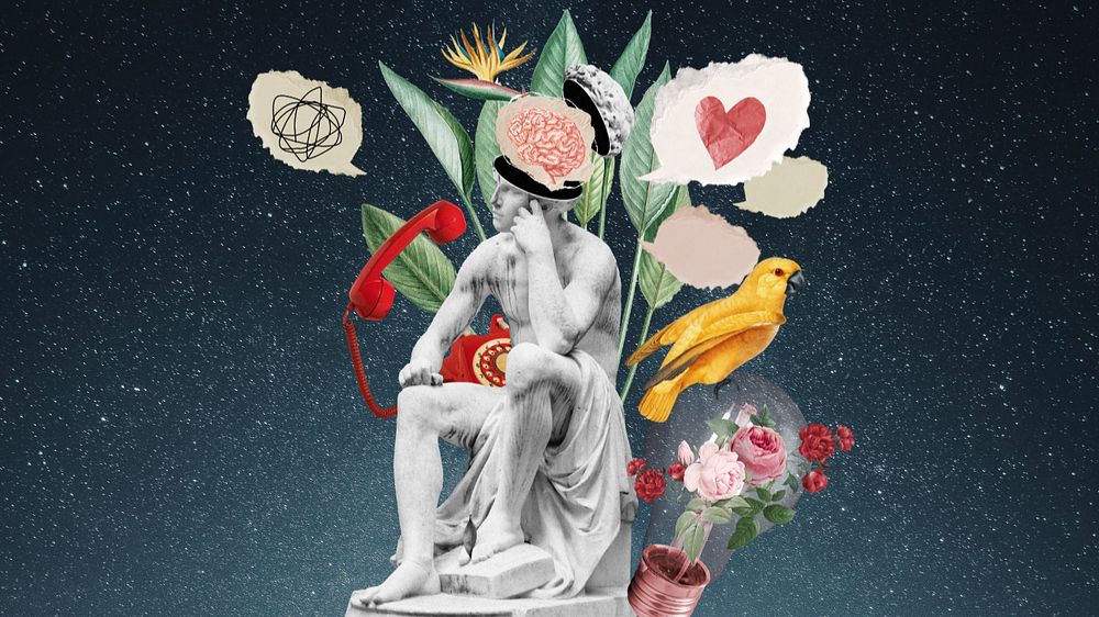 Statue collage art computer wallpaper, floral remix background, editable design