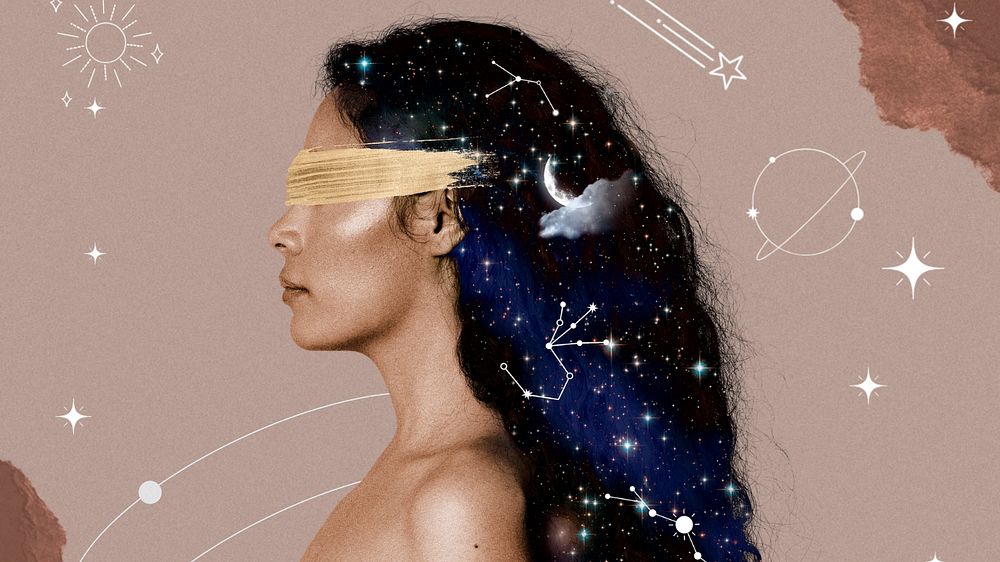 Side portrait woman computer wallpaper, celestial collage art background, editable design