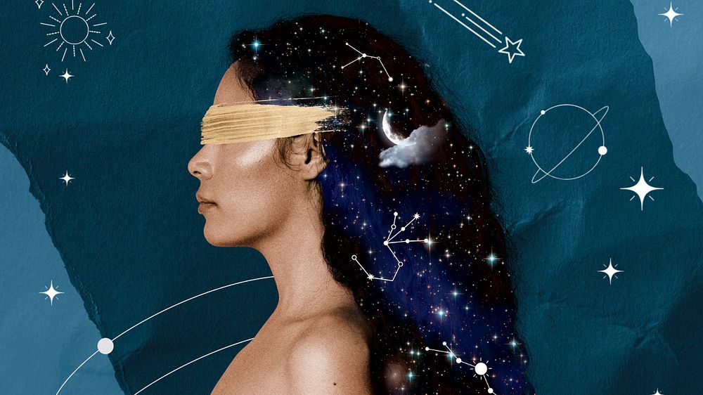 Side portrait woman computer wallpaper, celestial collage art background, editable design