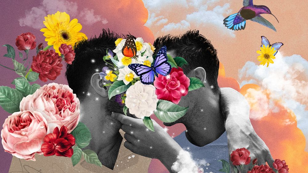 Gay couple kissing desktop wallpaper, surreal LGBTQ remix background, editable design