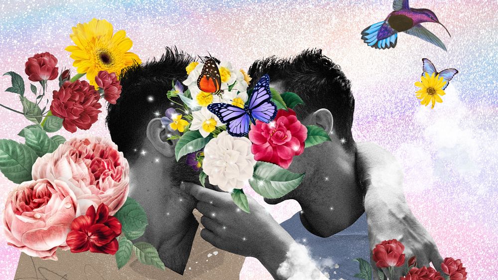 Gay couple kissing desktop wallpaper, surreal LGBTQ remix background, editable design