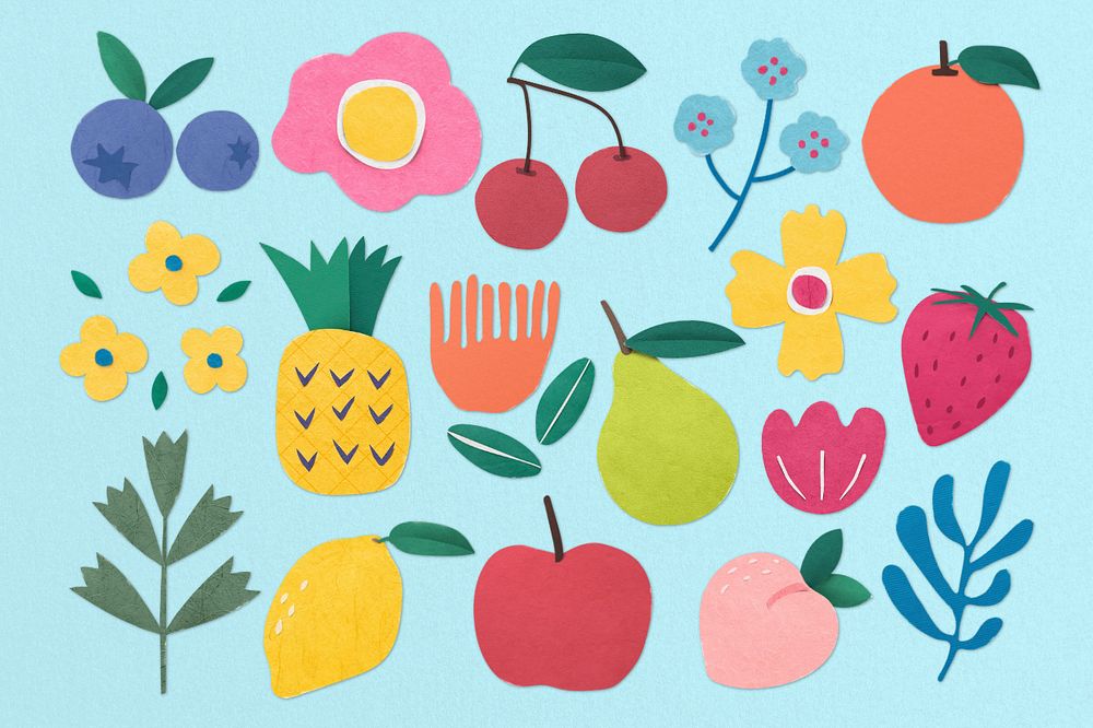 Summer fruit set, paper craft collage elements