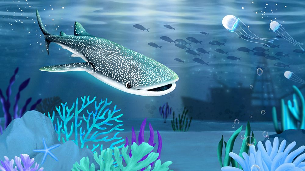 Whale shark, blue desktop wallpaper, customizable illustration background 