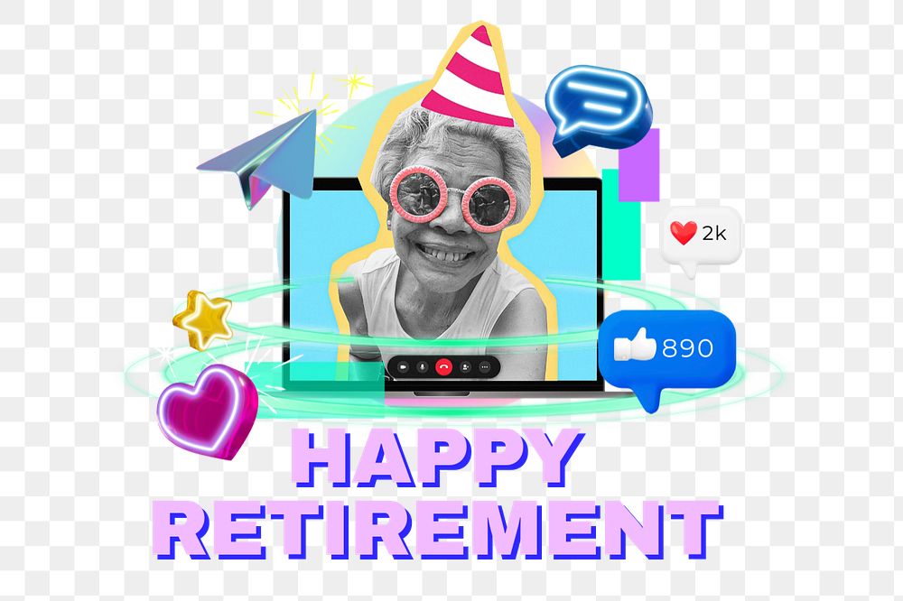 Happy retirement png word, digital remix in neon, editable design