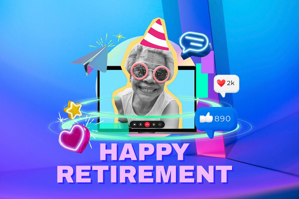 Happy retirement word, digital remix in neon, editable design