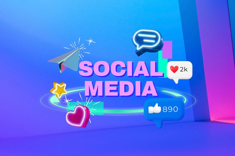 Social media word, digital remix in neon, editable design