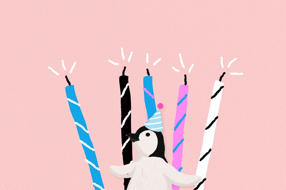 Birthday party penguin background, customizable aesthetic illustration remix