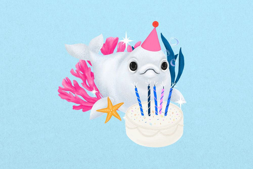 Cute birthday whale background, customizable aesthetic illustration remix