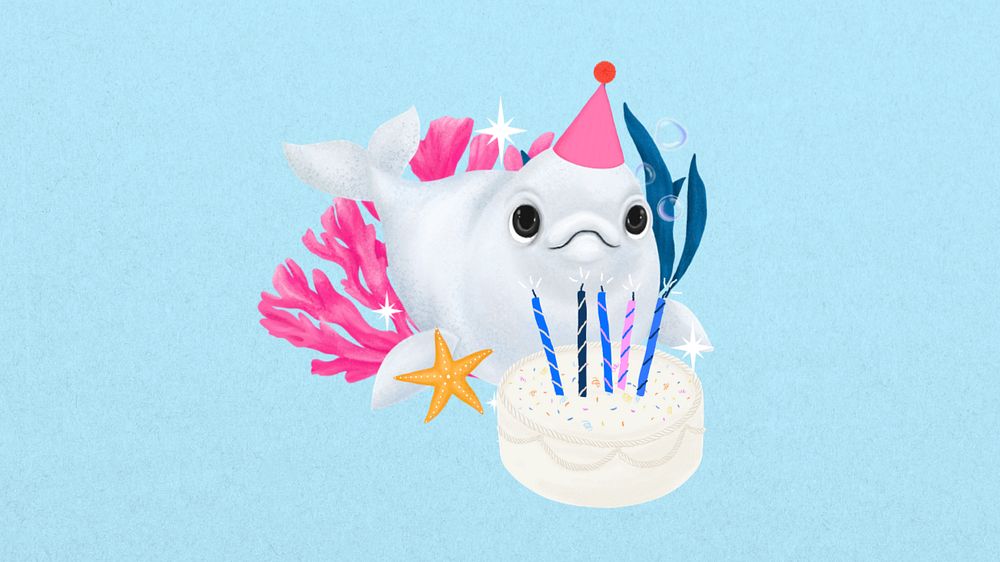 Cute birthday whale desktop wallpaper, customizable illustration background 