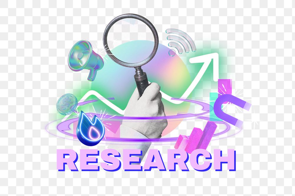 Research word, digital remix in neon, editable design