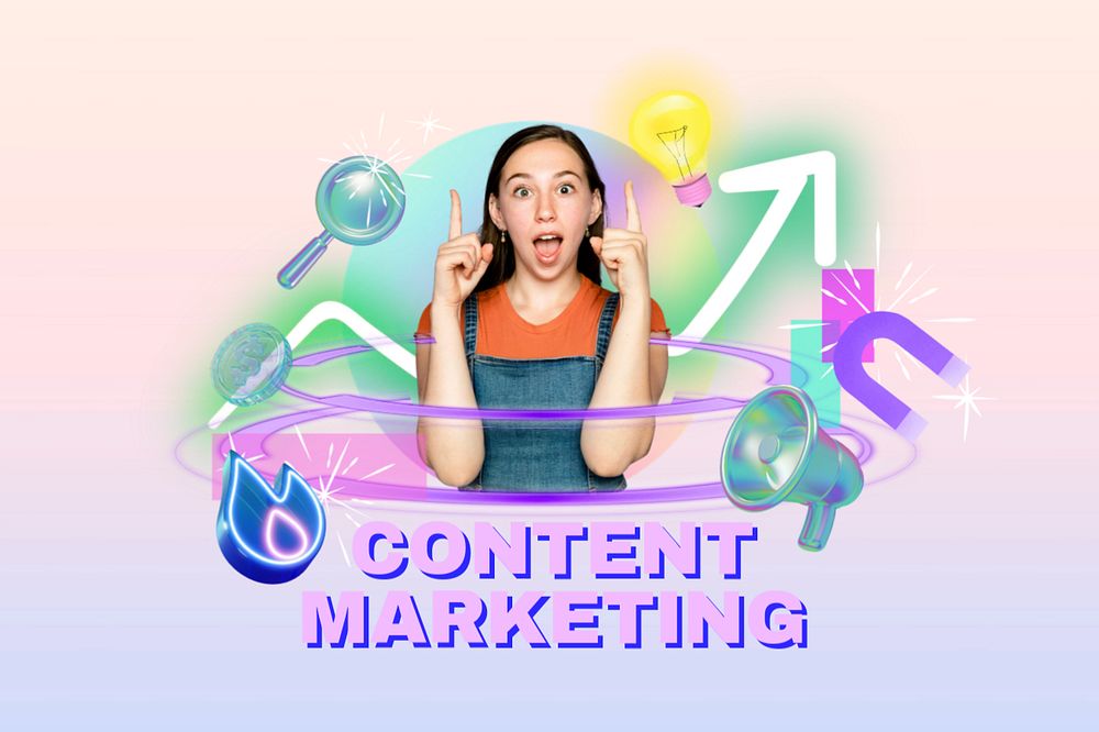 Content marketing word, digital remix in neon, editable design