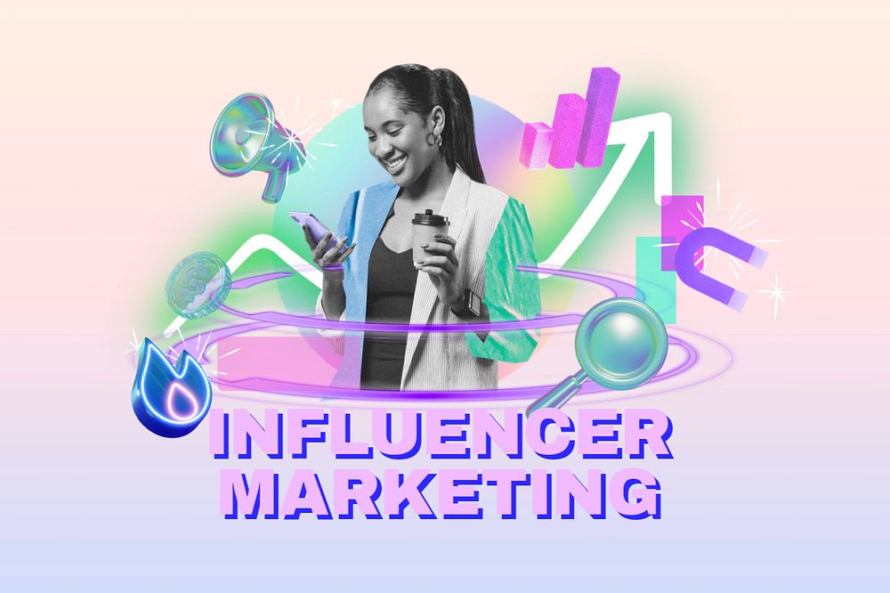 Influencer marketing word, digital remix in neon, editable design