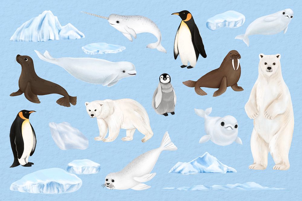 Arctic animals illustration sticker set, aesthetic paint remix