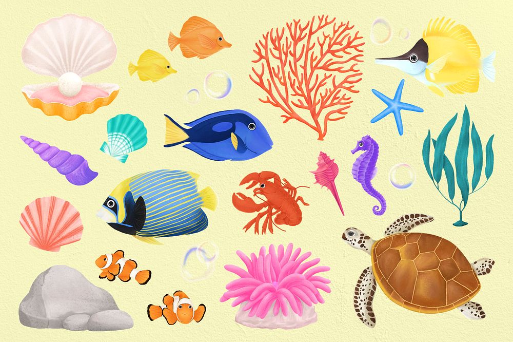 Sea animals illustration sticker set, aesthetic paint remix