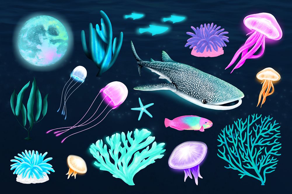 Marine life illustration sticker set, aesthetic paint remix