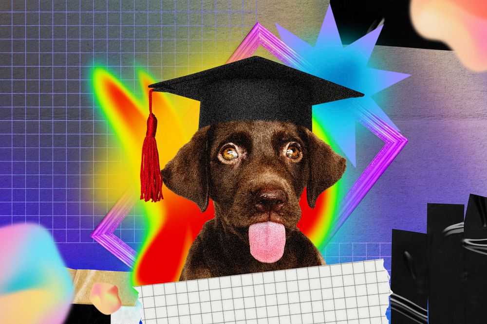 Funny dog graduate background, retro neon collage, editable design