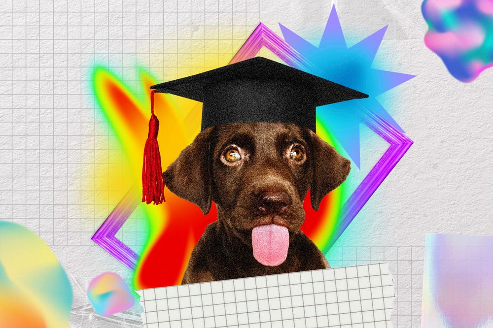 Funny dog graduate background, retro neon collage, editable design