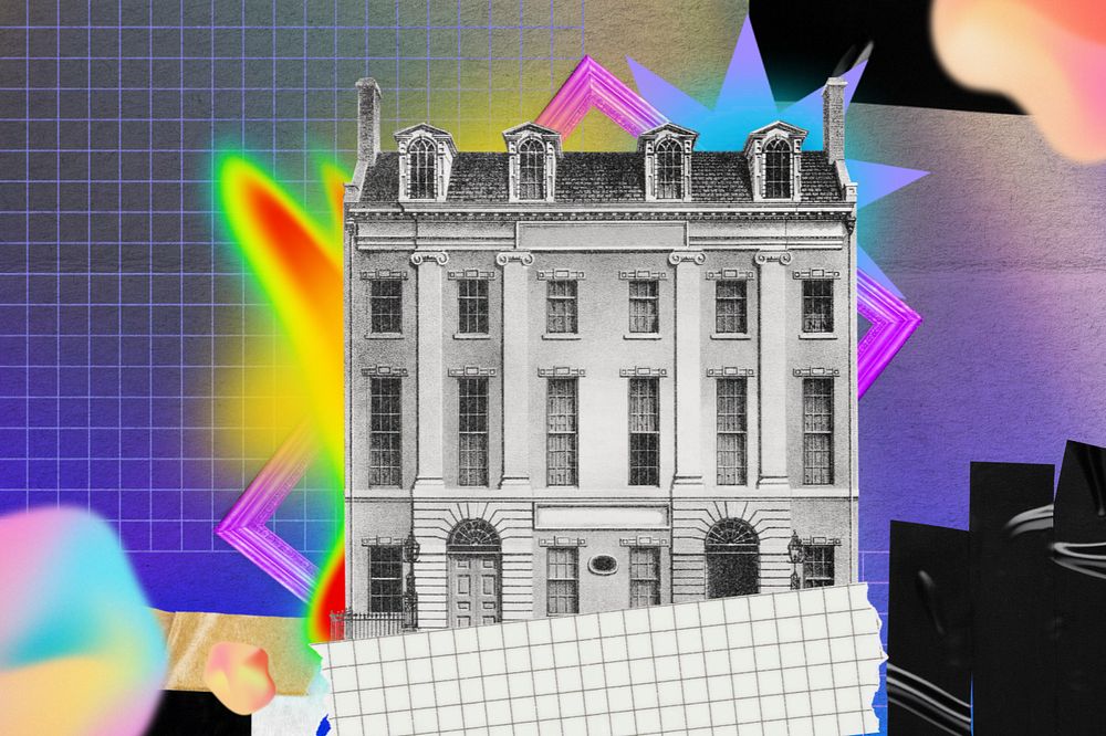 Vintage building background, retro neon collage, editable design