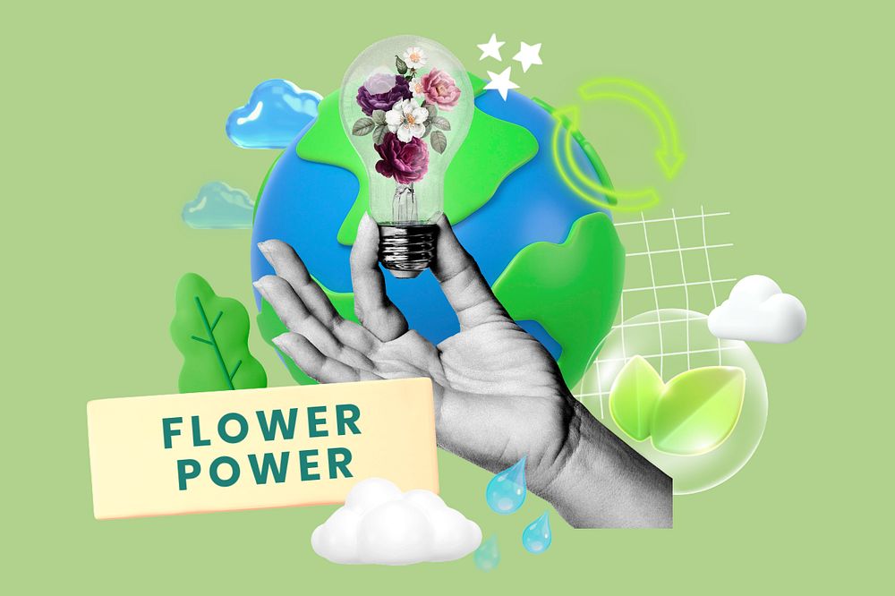 Flower power, editable sustainability word, 3D remix