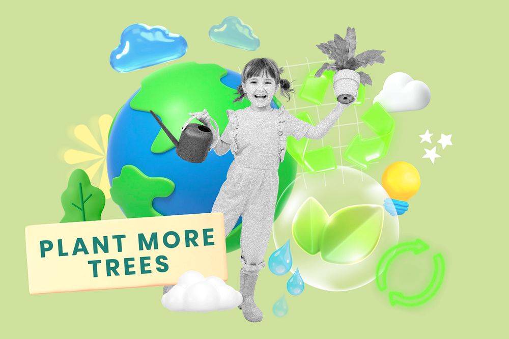 Plant more trees, editable sustainability word, 3D remix