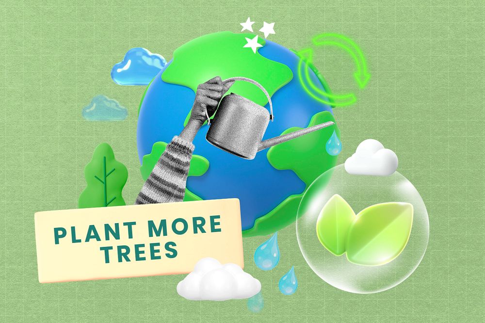 Plant more trees, editable sustainability word, 3D remix