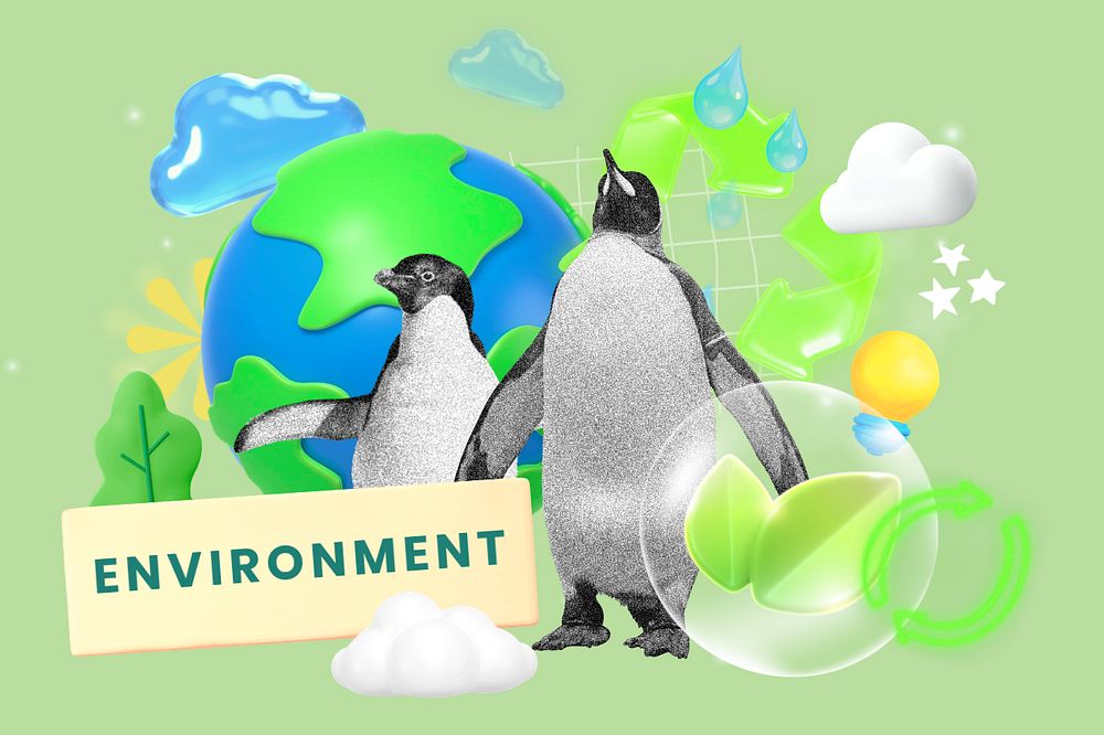 Environment & penguin, editable sustainability word, 3D remix