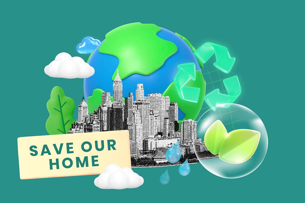 Save our home, editable sustainability word, 3D remix