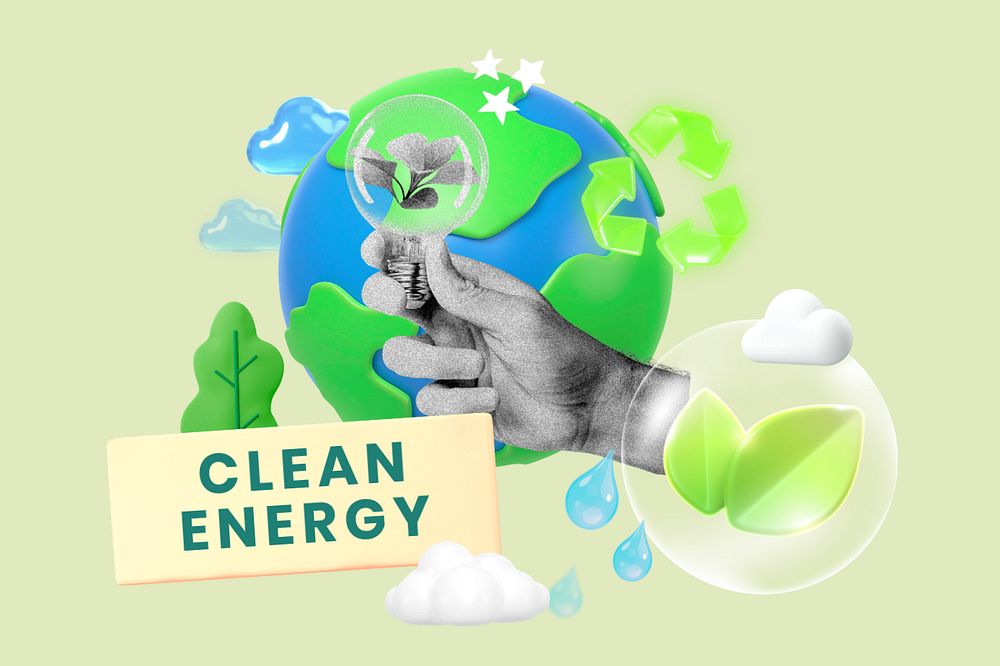 Clean energy, editable sustainability word, 3D remix