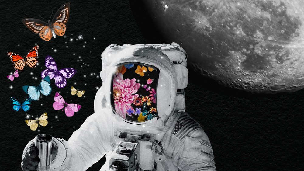 Galaxy sky computer wallpaper, astronaut collage art background, editable design