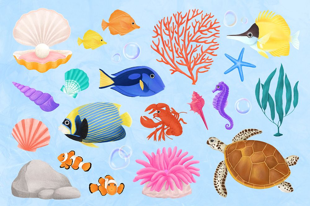 Sea animals illustration sticker set, aesthetic paint remix