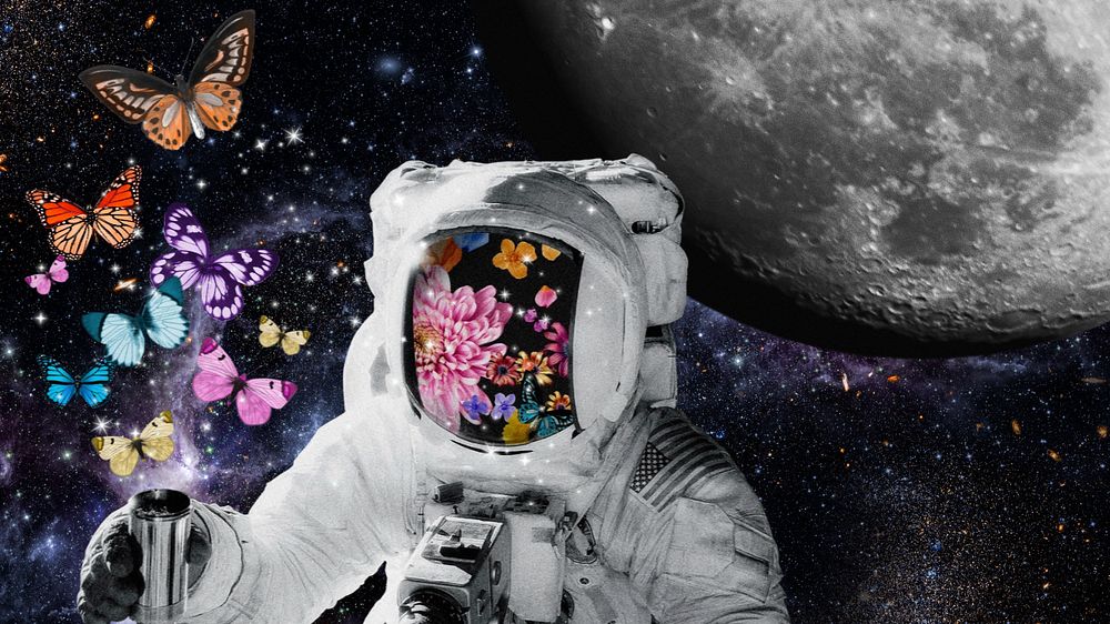 Galaxy sky computer wallpaper, astronaut collage art background, editable design