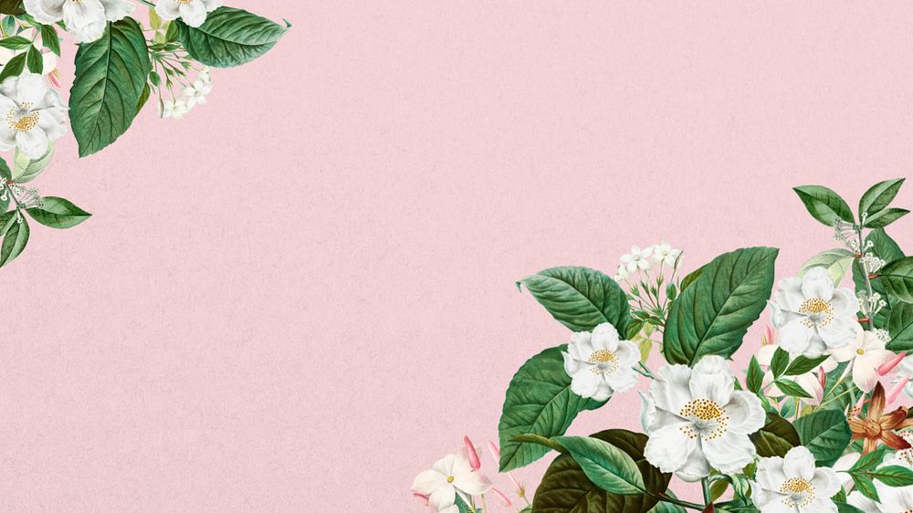 Jasmine flower border desktop wallpaper, pink textured background, editable design