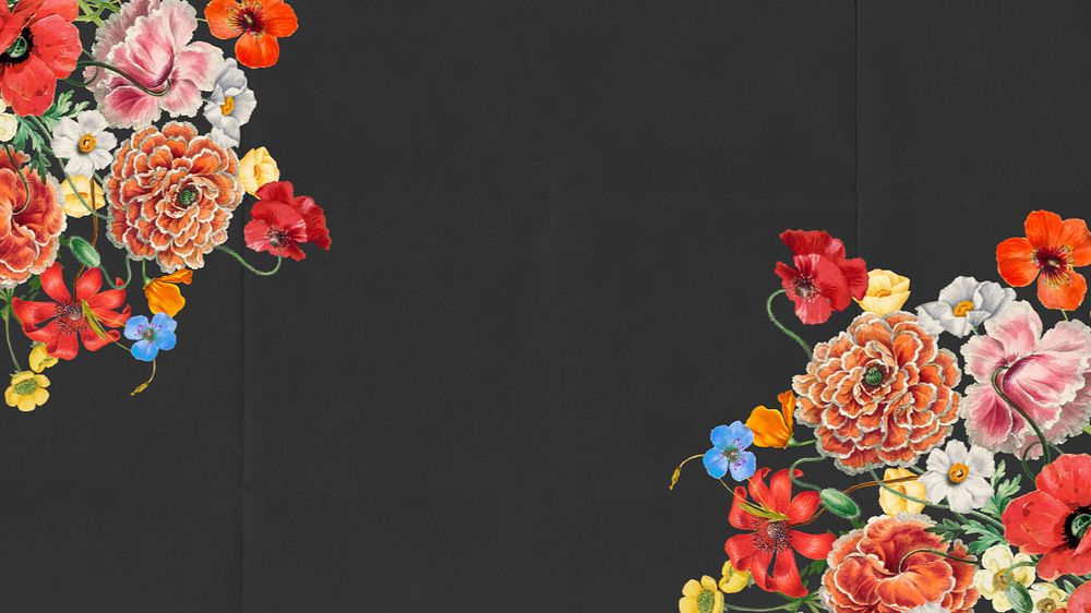 Summer flowers border computer wallpaper, black textured background, editable design