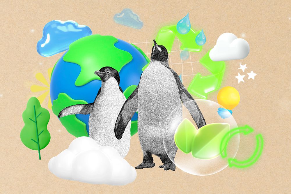 Environment & penguin 3D remix, editable sustainability design